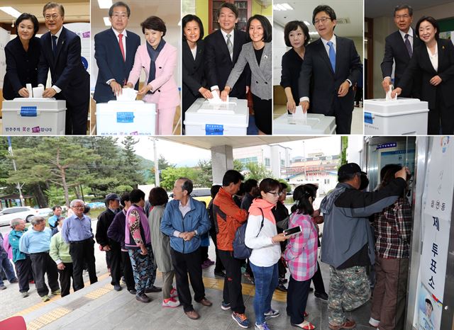 사진 윗줄 왼쪽부터...제19대 대통령 선거일인 9일 오전 서울 홍은중학교에 마련된 홍은 제2동 제3투표소에서 더불어민주당 문재인 후보 부부가 투표를 하고 있다. 자유한국당 홍준표 대선후보가 제19대 대통령선거일인 9일 오전 서울 송파구 잠실동 송파문화원에 마련된 잠실7동 제1투표소에서 부인 이순삼 씨와 함께 투표하고 있다.국민의당 안철수 대선 후보와 부인 김미경씨(왼쪽), 딸 설희씨(오른쪽)가 19대 대선 투표일인 9일 오전 서울 노원구 상계1동 제7투표소인 극동늘푸른아파트 경로당에서 투표하고 있다. 바른정당 유승민 대선후보가 제19대 대통령선거일인 9일 오전 대구시 동구 용계동 반야월농협 용계지점에서 부인 오선혜씨와 함께 투표하고 있다. 정의당 심상정 대선후보가 제19대 대통령선거일인 9일 경기도 고양시 신원초등학교에서 남편 이승배 씨(왼쪽)와 함께 투표하고 있다. 아래 사진은 최근 대형산불이 발생해 엄청난 피해가 난 강원 강릉시 성산면 일원의 피해 지역 주민들이 9일 투표소인 성산면 사무소에 나와 길게 줄을 선 채 투표를 기다리고 있다. 오대근기자, 고양,대구,강릉=연합뉴스