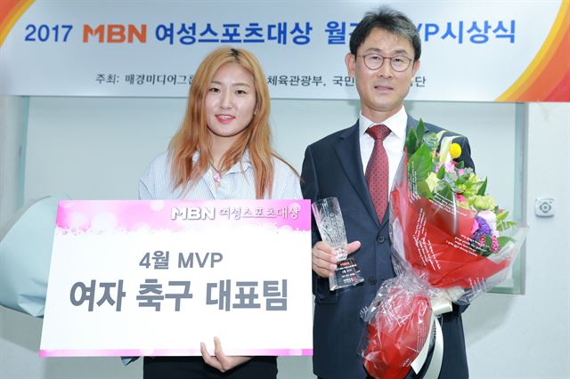 2017 MBN 여성스포츠대상 4월 최우수선수(MVP)에 선정된 여자축구대표팀의 윤덕여(오른쪽) 감독과 주장 조소현. MBN 제공