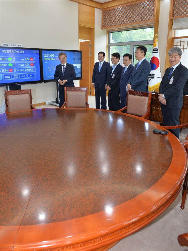 문재인 대통령이 24일 오전 청와대 여민관 대통령 집무실에 설치한 일자리 상황판 모니터를 보며 일자리 현황을 직접 설명하기 전 "이 `원탁 테이블'은 민정수석 때 사용한 것인데 그동안 사용하지 않던 것을 여민관 집무실에서 다시 사용하도록 했다"라고 설명하고 있다. 문 대통령은 또 "여민관 집무실이 본관 집무실에 비해 좁기는 하지만 업무를 보는 데는 전혀 문제가 없다"며 "본관 집무실은 행사 때에만 사용할 방침"이라고 말했다. 2017.5.24 고영권기자