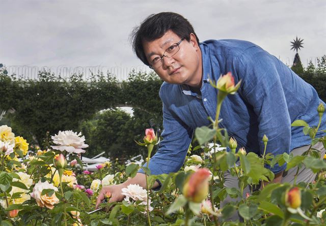 최지용 삼성물산 리조트사업부 수석이 24일 경기 용인시 에버랜드 장미정원에서 자신이 개발한 장미들을 살펴보고 있다. 에버랜드 제공