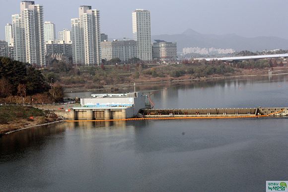 지난 5년 간 8차례나 보수공사가 이뤄지며 애물단지로 전락한 세종보 전경. 대전충남녹색연합 제공