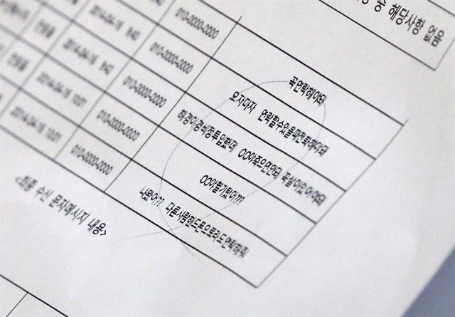 26일 오전 목포 신항 사무실에서 열린 세월호 선체조사위원회 제1 소위원회에 참석한 한 유가족이 복원된 휴대전화 문자메시지를 확인하고 있다. 보고서에는 '죽으면 안돼, 꼭 살아있어야 돼' 등의 내용이 적혀 있다. 연합뉴스