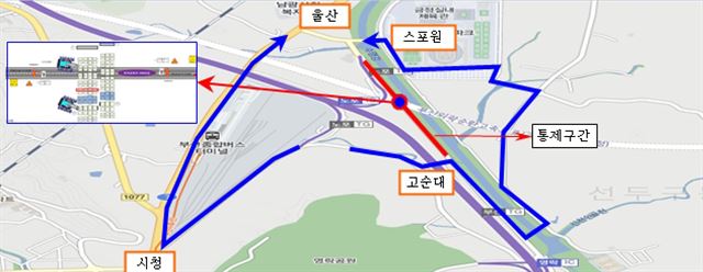 31일부터 다음달 2일까지 노포IC입구에서 화물차고지 입구까지 체육공원로 800m 가량이 전면 통제된다. 사진의 붉은 선이 통제구간. 부산경찰청 제공