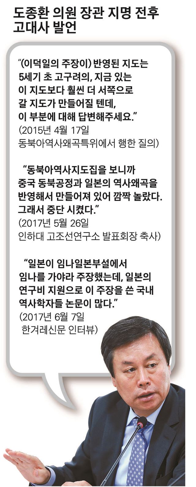 문재인정부 첫 문화체육관광부 장관 후보로 지명된 도종환 의원이 8일 역사 발언 관련 논란이 커지자 해명자료를 내놨다.