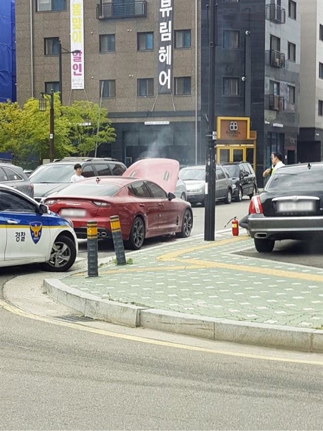 9일 오후 온라인 게시판에 올라온 스팅어 화재로 추정되는 사진. 출처 보배드림 게시판