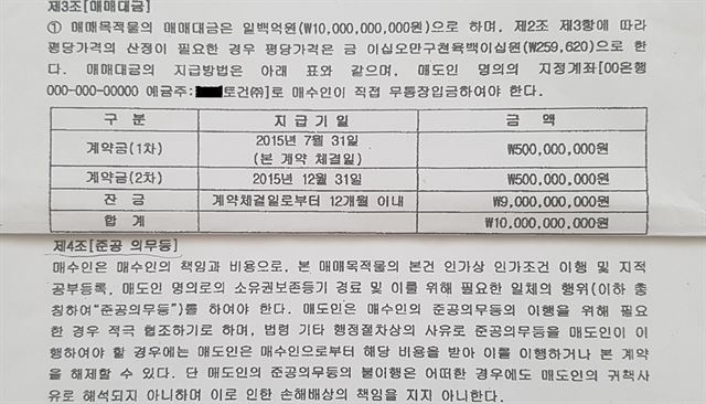 주철현 전남 여수시장의 인척들이 설립한 택지개발업체 Y사가 2015년 7월 S토건과 맺은 상포매립지 부동산 매매계약서. 제4조(준공의무 등)에는 S토건이 이행해야 할 도로, 상하수도 등 도시계획시설을 Y사가 이행하고 이후 지적 공부등록, 소유권보존등기 등 준공 인가에 필요한 일체의 행정행위를 책임지고 처리하겠다고 명시돼 있다.