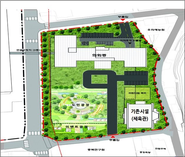 충북도의회 신청사 건립 계획안. 녹지와 편의시설을 확충해 도민 소통으로 조성한다. 충북도 제공