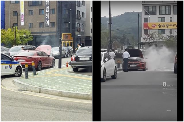 지난 9일 온라인 커뮤니티와 유튜브를 통해 공유된 스팅어 화재 의심 현장 사진(좌)과 영상(우).