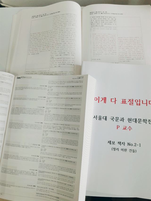 지도교수로부터 논문 표절을 당했다며 서울대 대학원생이 직접 작성한 총 1,000여쪽 분량의 제보책자. 내용을 확인한 서울대 국어국문학과 교수진은 표절 의혹이 제기된 박모 교수에게 14일 사직권고 결정을 내렸다. 정반석 기자