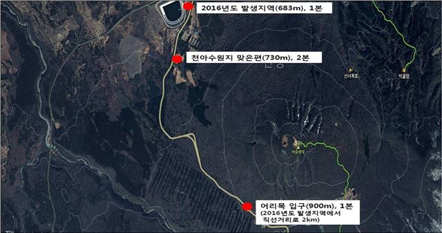 한라산국립공원 내 1100도로변에 발생한 소나무 재선충병 감염목 위치도. 위쪽 빨간점은 지난해 발생한 해발 683ｍ 지점, 가운데는 올해 2그루가 발생한 해발 730ｍ 지점, 아래쪽은 올해 1그루가 발생한 해발 900ｍ 지점. 제주도 제공.