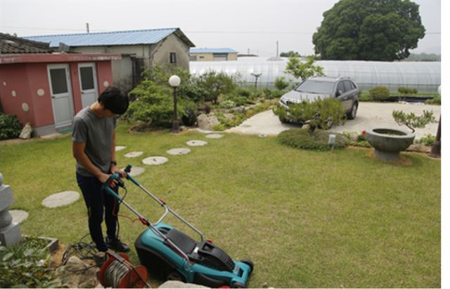 경주로 귀촌한 귀촌자가 마당에 잔디를 깍고 있다