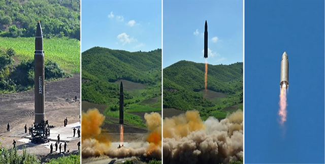 북한 조선중앙TV가 4일 대륙간 탄도미사일(ICBM) '화성-14형' 시험 발사에 성공했다며 ICBM 발사 모습을 공개했다. 사진은 북한이 발사한 화성-14의 모습. 연합뉴스