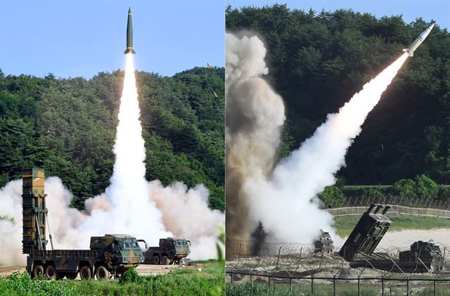 북한의 대륙간탄도미사일(ICBM) 도발에 대응해 5일 오전 동해안에서 열린 한미 연합 탄도미사일 타격훈련에서 한국군 탄도미사일 현무-2A와 주한미군의 에이태킴스(ATACMS) 지대지미사일이 발사되고 있다. 발사되고 있다. 합동참모본부 제공