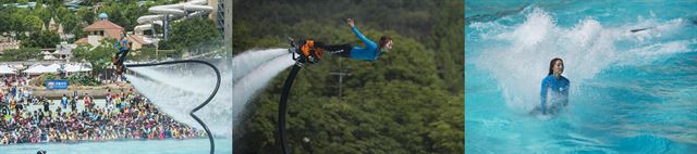 프로라이더 박진민씨가 캐리비안 베이 파도풀 위로 상승한 뒤 수평으로 날고, 돌고래처럼 물속으로 잠수했다 나오는 역동적인 공연을 펼치고 있다. 에버랜드 제공