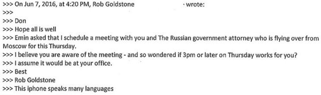 롭 골드스톤이 트럼프 주니어에게 보낸 이메일 일부. ‘러시아 정부 변호사’가 모스크바에서 미국으로 향한다며 회동을 주선하고 있다. 트위터 @donaldjtrumpjr