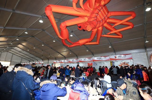 지난 2월 속초 붉은대게 축제가 열린 청호동 항만부지 행사장이 관광객들로 붐비고 있다. 연합뉴스