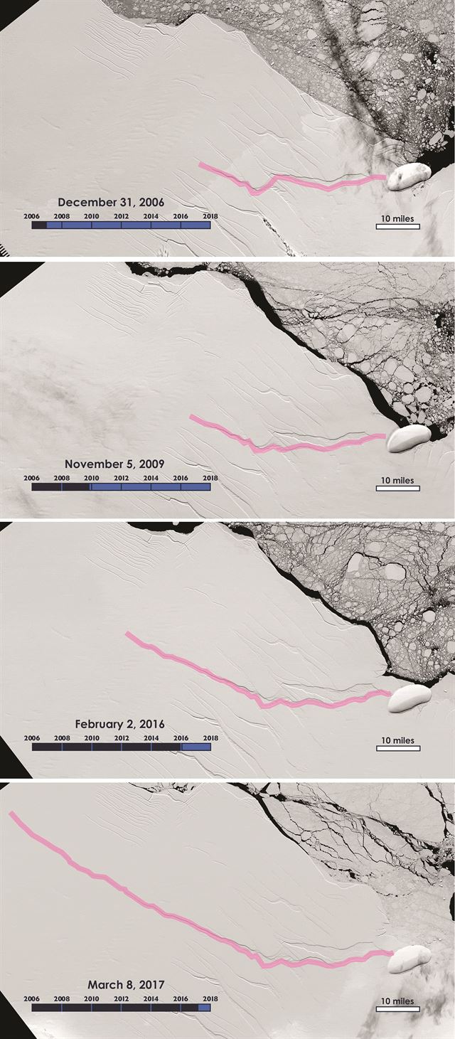 그림 1서남극 끝자락에 있는 라르센 C 빙붕에서 5,800㎢ 크기의 거대 빙산이 시간의 흐름에 따라 서서히 분리되고 있는 모습. 2016년 12월부터 올해 3월까지의 모습을 담은 이 사진들은 미 항공우주국(NASA)과 지질조사국(USGS)의 랜드셋 위성에 의해 촬영됐다. NASAㆍUSGS 홈페이지 캡처.