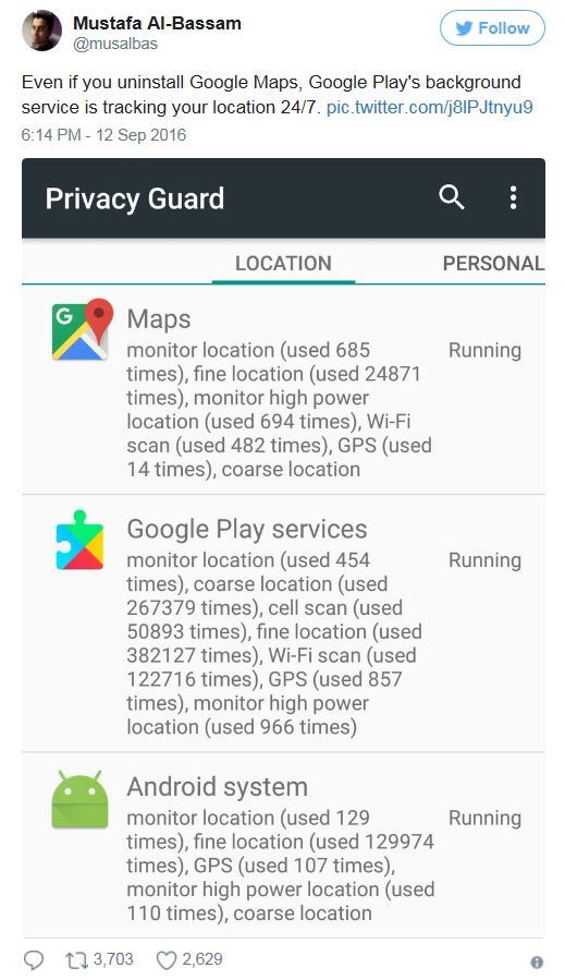 영국 보안전문가인 무스타파 알-바쌈은 2016년 그의 트위터를 통해 구글맵을 삭제해도 구글 플레이 앱이 사용자 몰래 24시간 이동정보를 수집하고 있다고 주장했다. 온라인 캡처