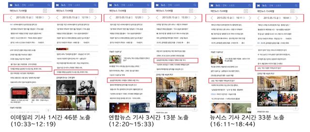 2015년 5월 네이버 모바일판 메인 뉴스 배치 이력. 네이버 제공