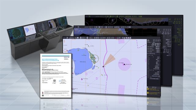 국내 기술로 개발한 전자해도표시정보시스템과 노르웨이ㆍ독일 연합 선급협회가 발급한 선박장비 인증서(왼쪽 앞). 산엔지니어링 제공