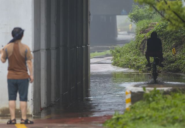 서울을 비롯한 수도권 곳곳에 호우경보가 내려진 23일 서울 서대문구 증산교 인근에서 한 시민이 자전거를 탄 채 물 위를 달리고 있다. 연합뉴스