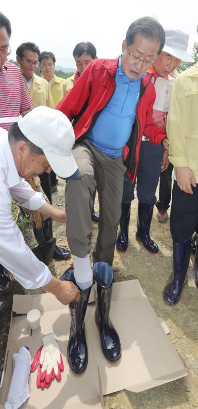 홍준표 자유한국당 대표가 19일 충북 청주시 상당구 낭성면 수해 지역 복구 자원봉사를 하러 갔다가 주위의 도움을 받아 장화를 신고 있다. 청주=연합뉴스