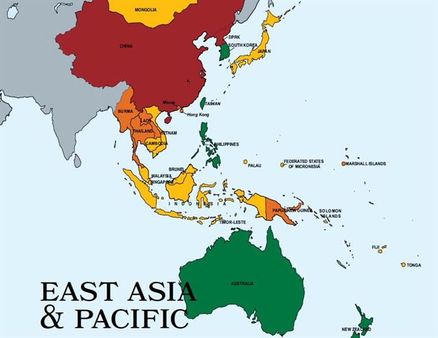 미국 국무부가 지난달 발간한 ‘2017 인신매매 보고서’ 중 동아시아ㆍ남태평양 지역 인신매매 현황. 진한 초록색으로 칠해진 대한민국과 대만, 호주 등이 인신매매 근절 노력 1등급 국가다. 노란색인 일본 등은 2등급, 주황색인 태국과 파푸아뉴기니는 3등급 국가. 빨간색인 중국과 북한은 3등급 국가다. ‘인신매매 보고서’ 캡쳐.