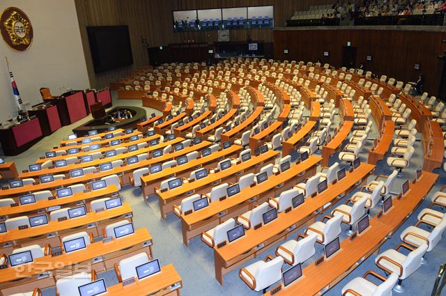 9월 정기국회를 앞두고 국회 차원의 개헌 논의가 수면 위로 떠오르고 있다. 사진은 지난 11일 국회 본회의장의 모습, 자유한국당, 국민의당, 바른정당 의원들의 불참통보로 무산되어 빈 자리만 보이고 있다. 오대근기자