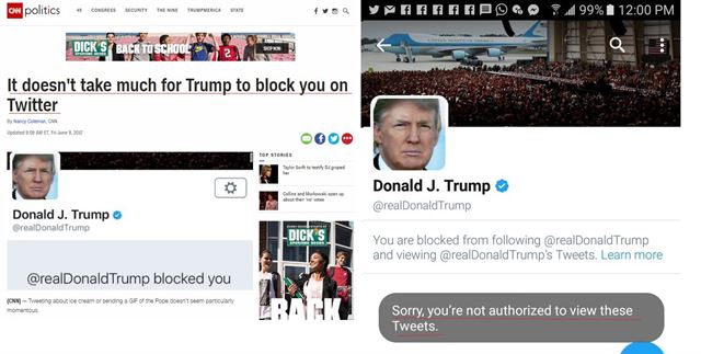 도널드 트럼프 대통령이 트위터에서 비판적 댓글을 삭제하는 걸 비판하는 CNN 보도(왼쪽). 트럼프 대통령에 의해 트위터 접속이 차단됐다는 메시지.