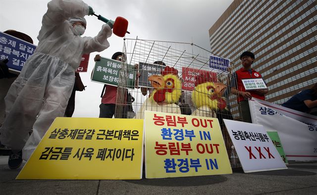 18일 오후 서울 종로구 광화문광장 이순신동상 앞에서 동물권단체 케어 회원들이 살충제 달걀 근본적 대책을 요구하는 퍼포먼스를 하고 있다. 연합뉴스