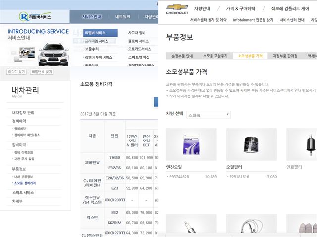 국내 자동차 업체 홈페이지에 안내된 수리비용 및 부품가격. 차종에 따라 상세하게 안내되어 있다. (좌) 쌍용자동차 (우)쉐보레