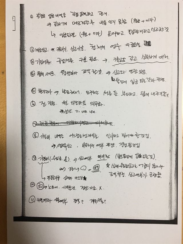 한국일보가 확보한 최모 변호사 법무법인의 메모. 세무조사를 대비해 직원들에게 배포한 지침서로 보이는데, '기밀비' '차명계좌'등의 문구가 눈에 띈다.