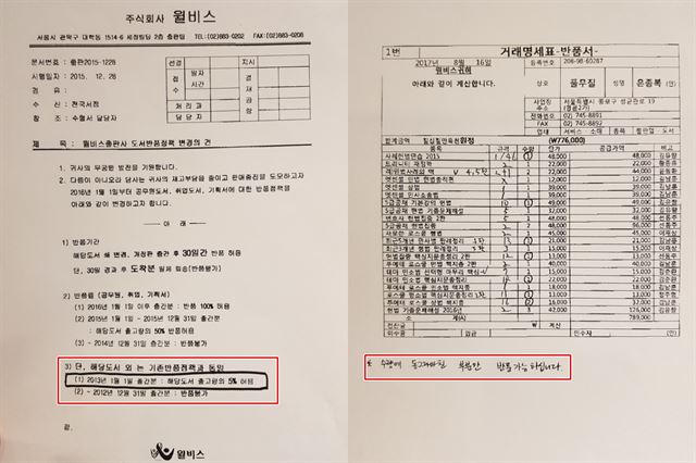 수험서 전문 출판사 윌비스가 서점 풀무질에게 보낸 반품 정책 변경 공지서와 반품 거부 의사가 포함된 거래명세표.