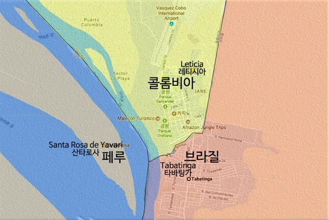 페루, 콜롬비아, 브라질이 국경을 맞대고 있는 아마존 상류.