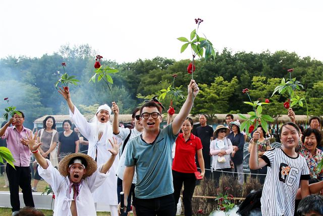 지난해 함양산삼축제에서 '황금삼을 찾아라' 이벤트에 참가한 관람객들. 함양군청 제공