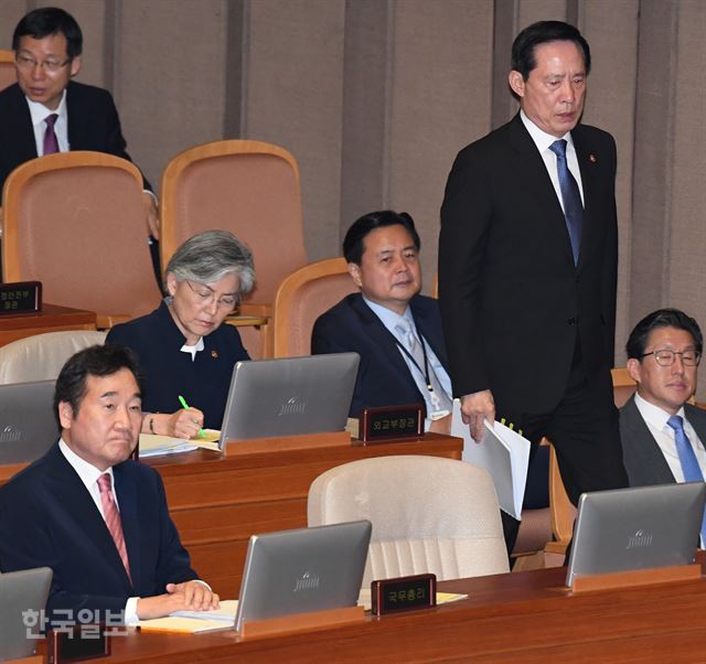 12일 국회에서 열린 대정부질문에서 이낙연 총리를 비롯해 강경화 외교장관, 송영무 국방장관이 답변에 나서고 있다. 오대근기자