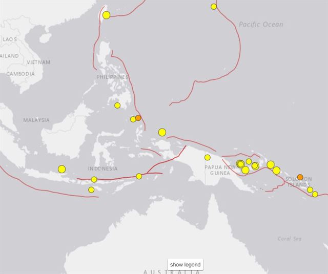 지난 7일간 인도네시아 등 환태평양 조산대 지역에서 발생한 지진. 원의 크기가 클 수록 규모도 크다. 미국 지질조사국 웹사이트 캡처