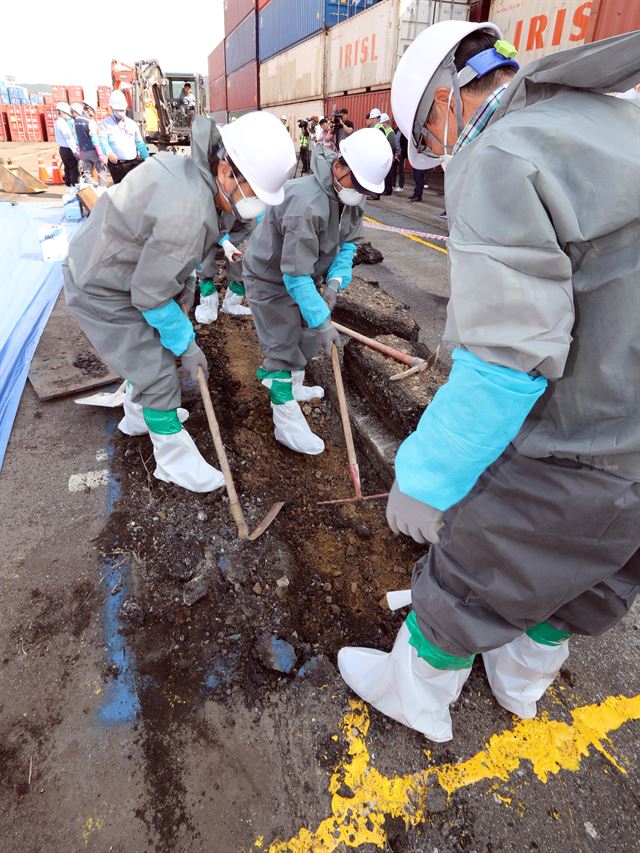 3일 오후 부산시 남구 부산항 감만컨테이너 야적장에서 농림축산검역본부 관계자들이 맹독성 붉은 독개미 확인과 추가 개미집 발견 등을 위해 굴착기를 동원해 야드의 아스팔트를 걷어내는 작업을 하고 있다. 연합뉴스