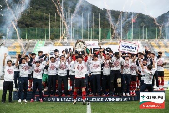 프로축구 K리그 챌린지(2부) 경남FC 선수단이 14일 서울이랜드를 누르고 클래식(1부) 승격을 확정한 뒤 환호하고 있다. 프로축구연맹 제공