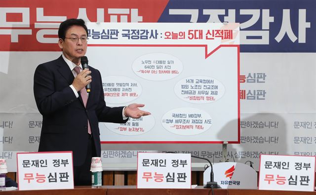 정우택 자유한국당 원내대표가 24일 국회에서 열린 국정감사 대책회의에서 의원들이 국감에서 제기한 정부 정책의 문제점을 '신적폐'로 정리한 설명판 앞에 서서 설명하고 있다. 연합뉴스