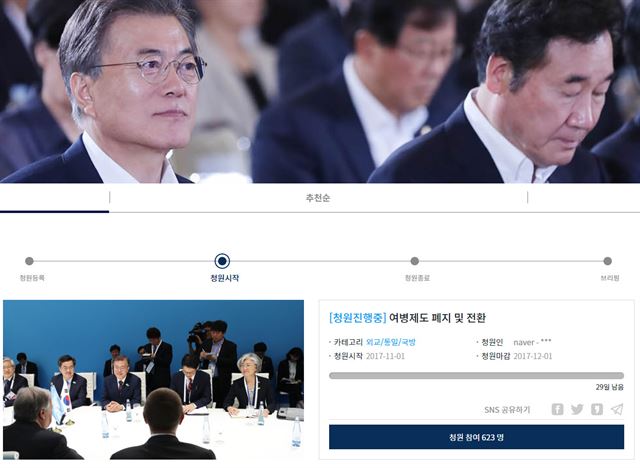 1일 청와대 홈페이지에 '여병제도 폐지 및 전환'에 대한 청원이 올라왔다. 청와대 홈페이지