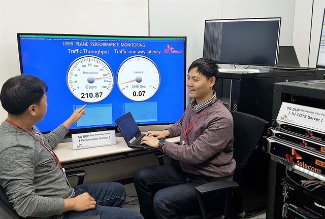 경기 성남시 SK텔레콤 네트워크기술원 연구원들이 LTE 대비 10배의 트래픽을 처리할 수 있는 5G 네트워크 장비를 시연하고 있다.