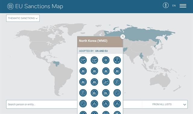 EU 제재지도에 표시된 북한 관련 내용. EU 제재지도 화면 캡처