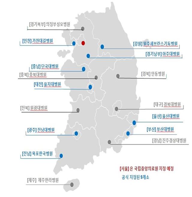 전국 권역외상센터 배치. 파란색은 현재 운영 중인 곳. 보건복지부 제공