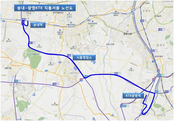 경기 부천 송내역~KTX 광명역간 직통셔틀버스 노선도. 부천시 제공