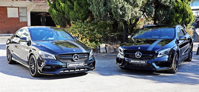 메르세데스 AMG CLA 45 4 매틱 50주년 AMG 에디션(좌)과 메르세데스 AMG GLA 45 4 매틱 50주년 AMG 에디션(우). 각각 50대씩 한정 판매된다