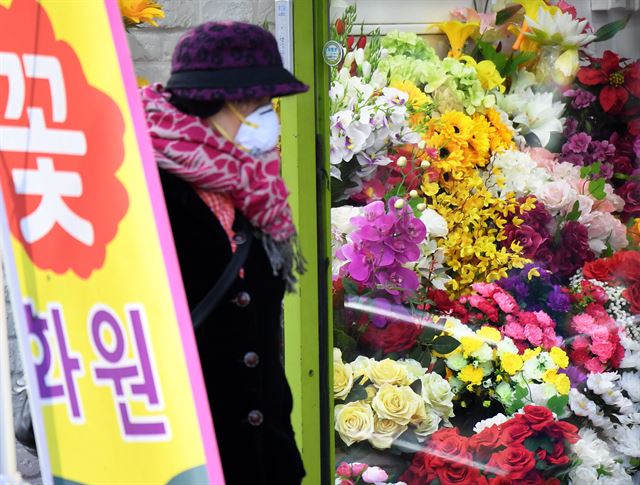 털모자와 마스크, 목도리로 중무장한 시민이 서울 종로 5가의 화원 앞을 지나가고 있다.