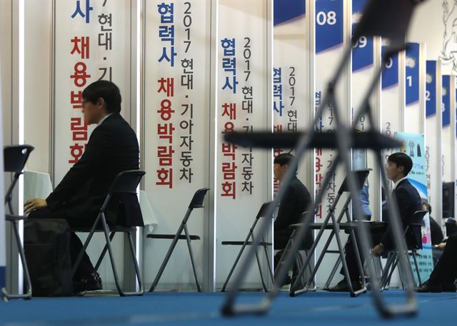 구직자들이 울산대 체육관에서 열린 현대ㆍ기아자동차 협력사 채용박람회를 찾아 상담을 받고 있다. 연합뉴스