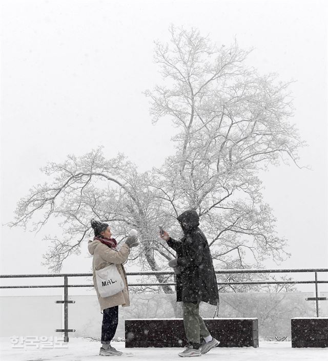 서울에 많은 눈이 내린 가운데 남산을 찾은 일본 관광객이 눈을 맞으며 겨울을 즐기고 있다. 서재훈기자 spring@hankookilbo.com