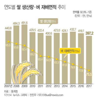 통계청이 발표한 2017년 쌀 생산량 조사 결과에 따르면 2017년 쌀 생산량은 397만2,468톤으로 전년 대비 5.3% 감소했다. 뉴시스